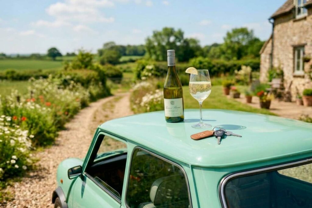 Alkoholfreier Wein steht auf einem mint grünen Oldtimer Auto. Daneben liegen die Autoschlüssel. Don't Drink & Drive!!