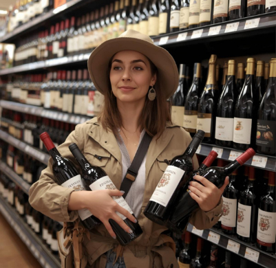 Eine Frau trägt safari Kleidung und entdeckt Weine im Supermarkt