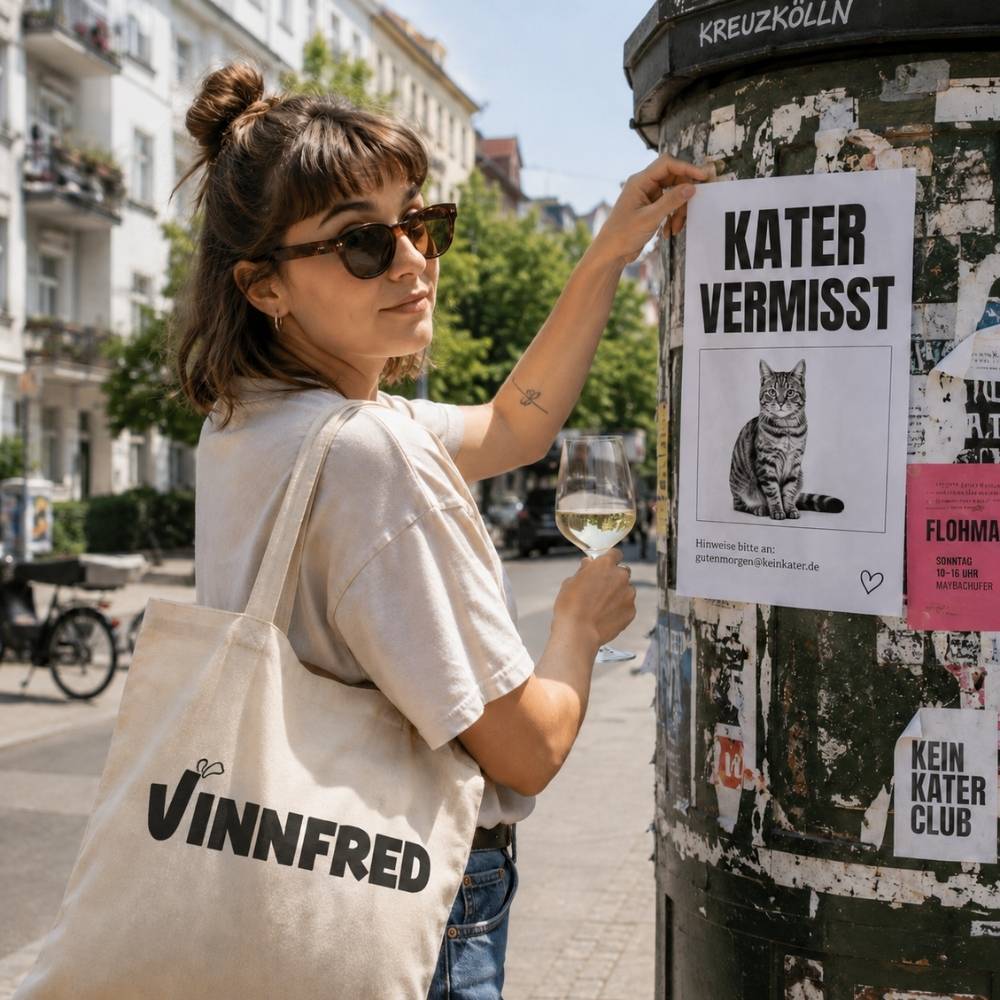 Eine Frau hängt ein Plakat an eine Litfaßsäule - auf dem Plakat steht "Kater vermisst" - sie sucht ihren Kater, da sie alkoholfreien Wein getrunken hat :)