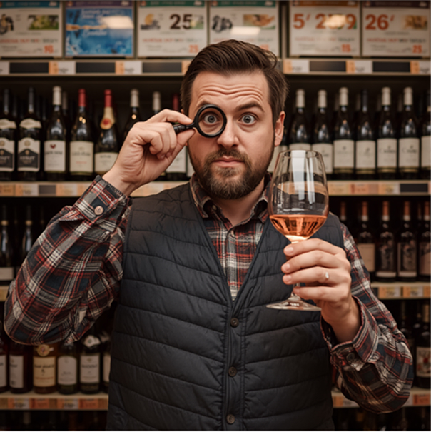 Ein Mann hält sich eine Lupe vor das Auge und begutachtet kritisch die Weine im Supermarkt als kenne er sich aus.