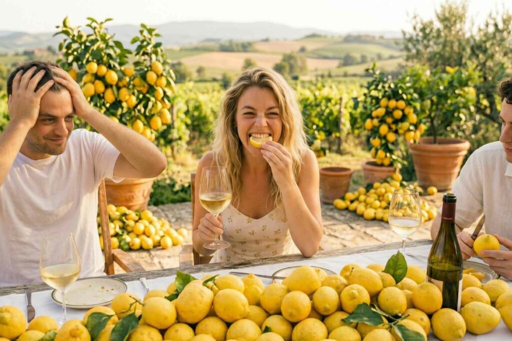 eine sommerlich geklaeidete Frau beißt in eine Zitrone und hält ein Weinglas in der Hand. Ihre Freunde staunen über die zahlreichen Zitronen auf dem Tisch.