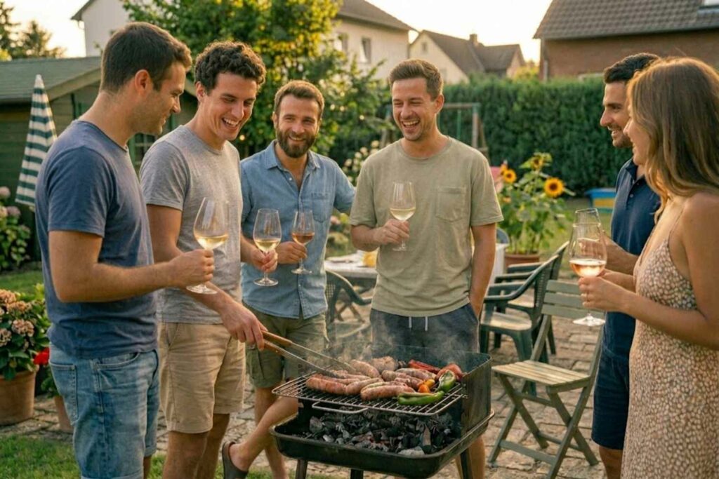 Eine Gruppe Freunde grillt im Garten und trinkt dabei lecker Wein